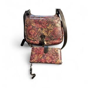 Patricia Nash London Saddle Bag and wallet in  Vintage Floral Brocade print.